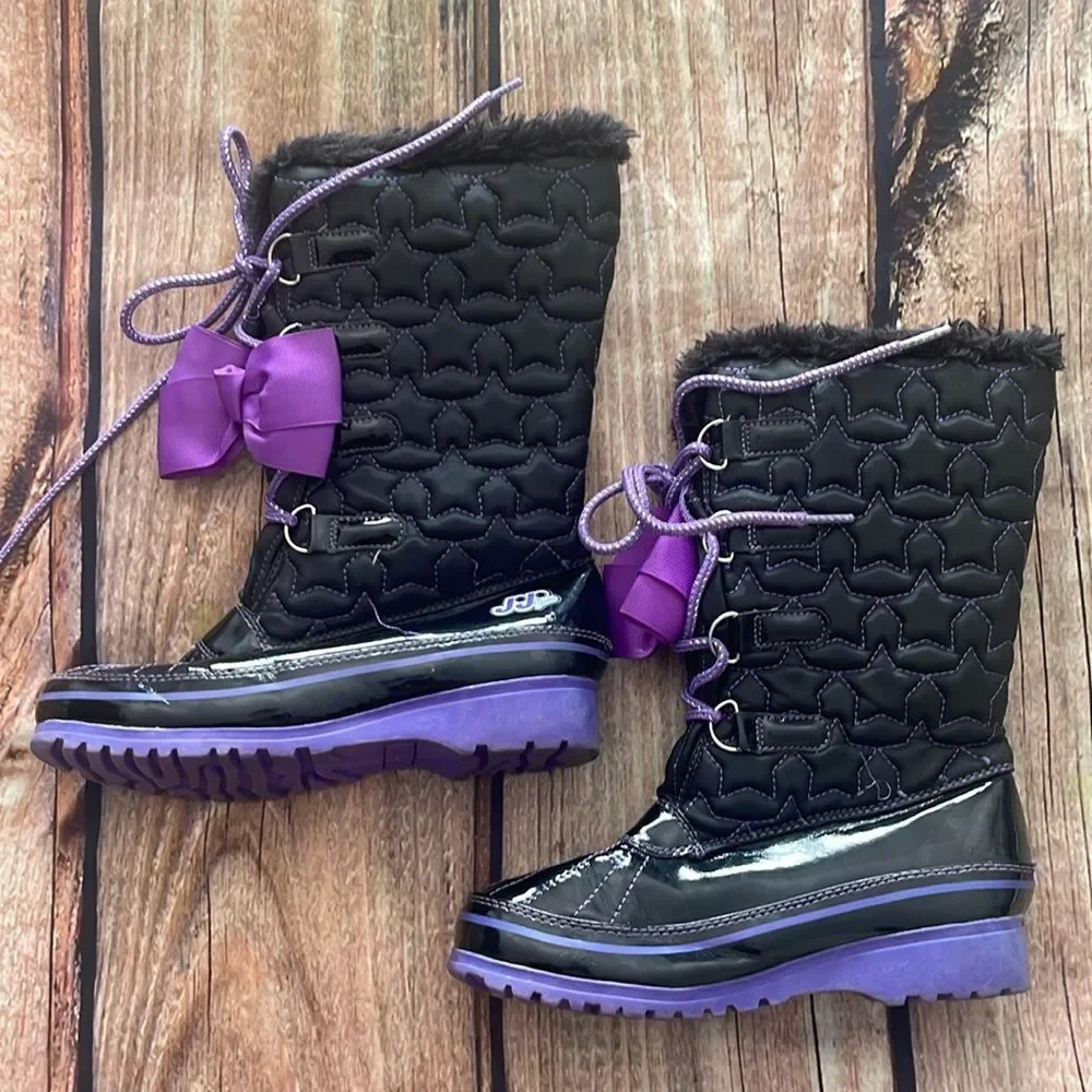 JOHO SIWA boots Youth Size 2 Black/purple Bow Faux fur Lace up LIKE NEW!